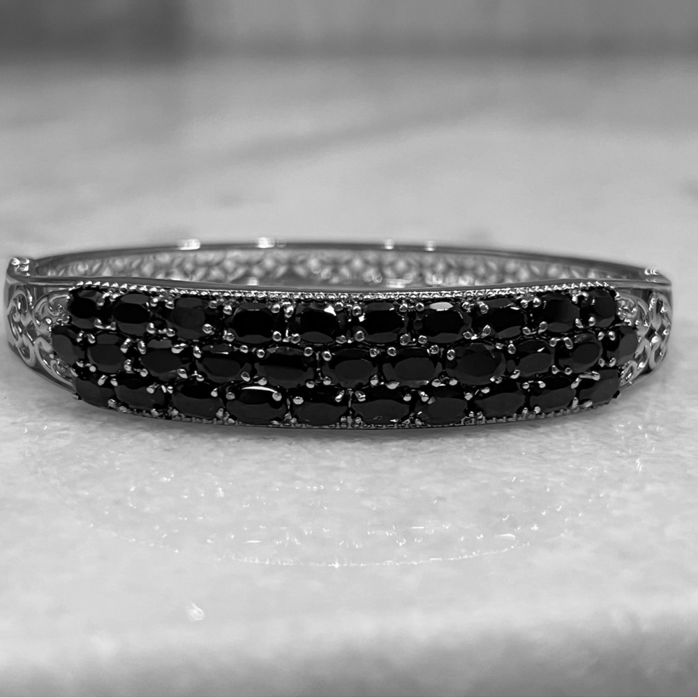 Thai Black Spinel Silver 8”” Bangle Bracelet